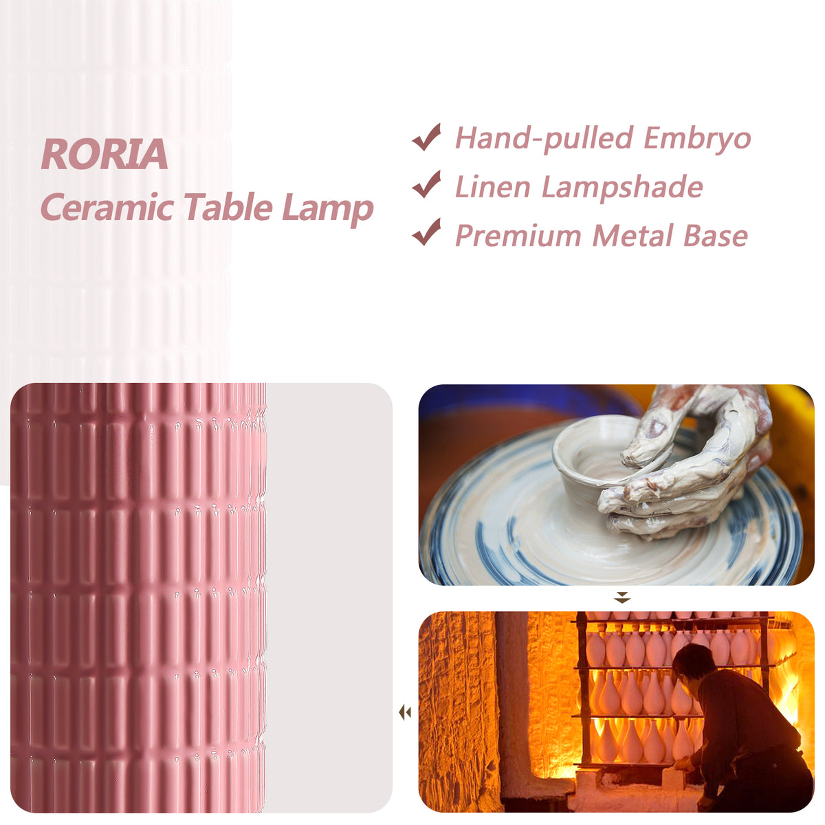 RORIA 23" Pink Ceramic Table Lamps Set of 2, with Linen Bell-Shaped Shade, Modern-Style Bedside Lamp, for Bedrooms and Living Room, Bulb Included