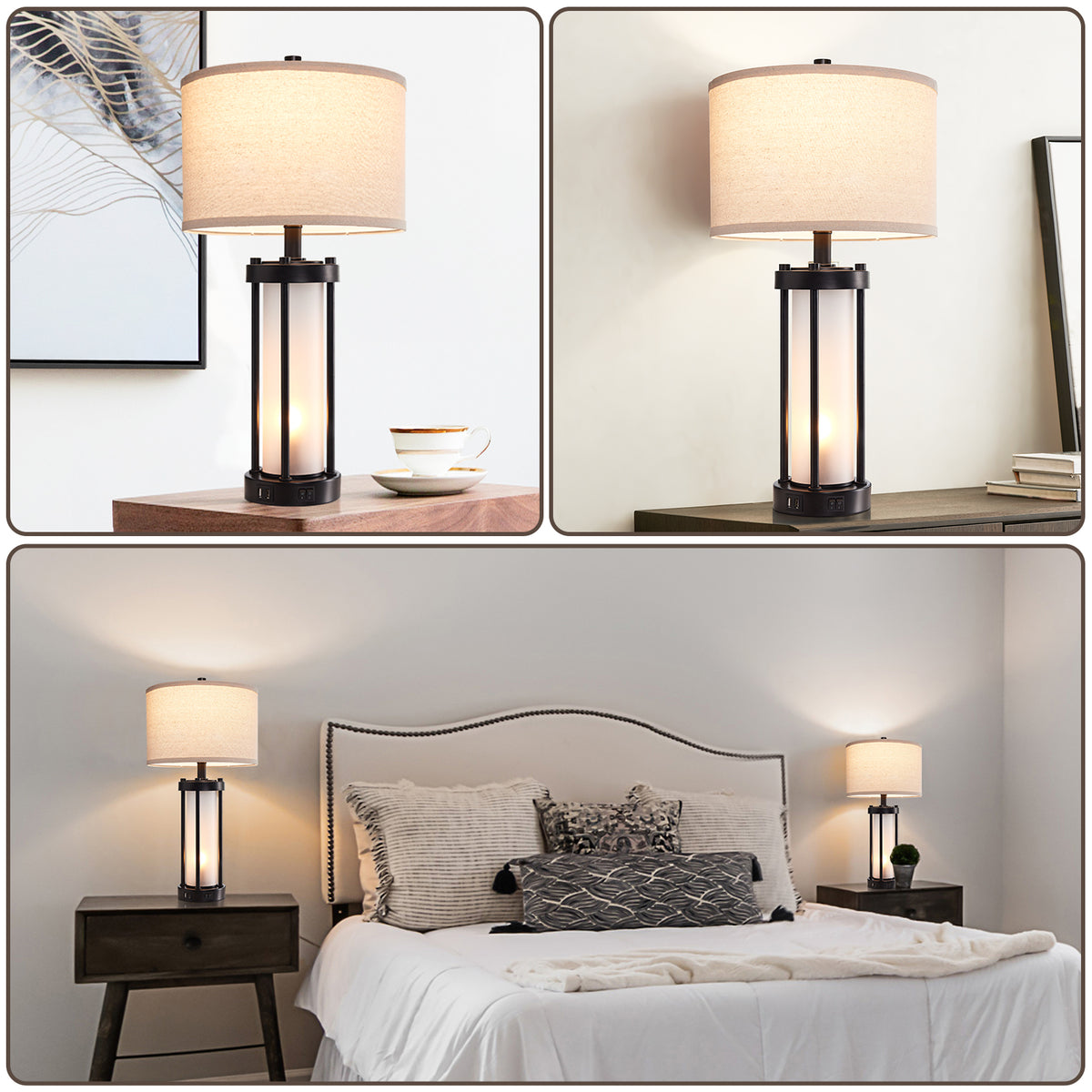 RORIA 24"Modern Living Room Table Lamps Set of 2, with Dual USB-C&A Charging Ports, Built-in Frosted White Glass Night Light, Black Retro Country Farmhouse Style, for Bedroom Bedside Lamps