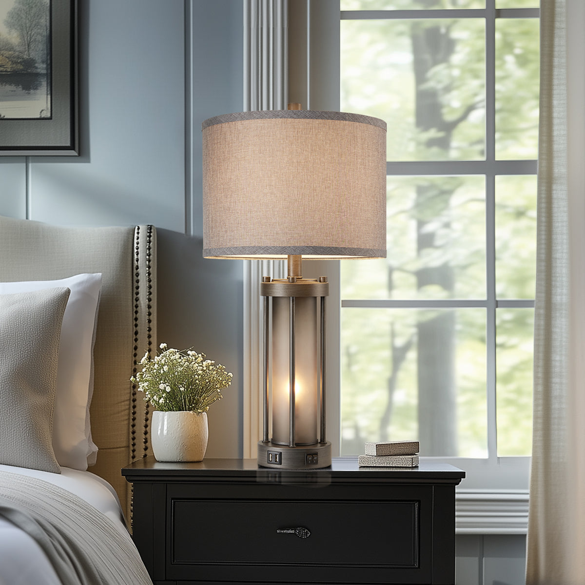 RORIA 25"Retro Table Lamps Set of 2, Farmhouse Style Bedside Lamps, Featuring USB-A&C Charging Ports and a Night Light Function, for Bedrooms, Living Room, and Offices (includes 2 bulbs).