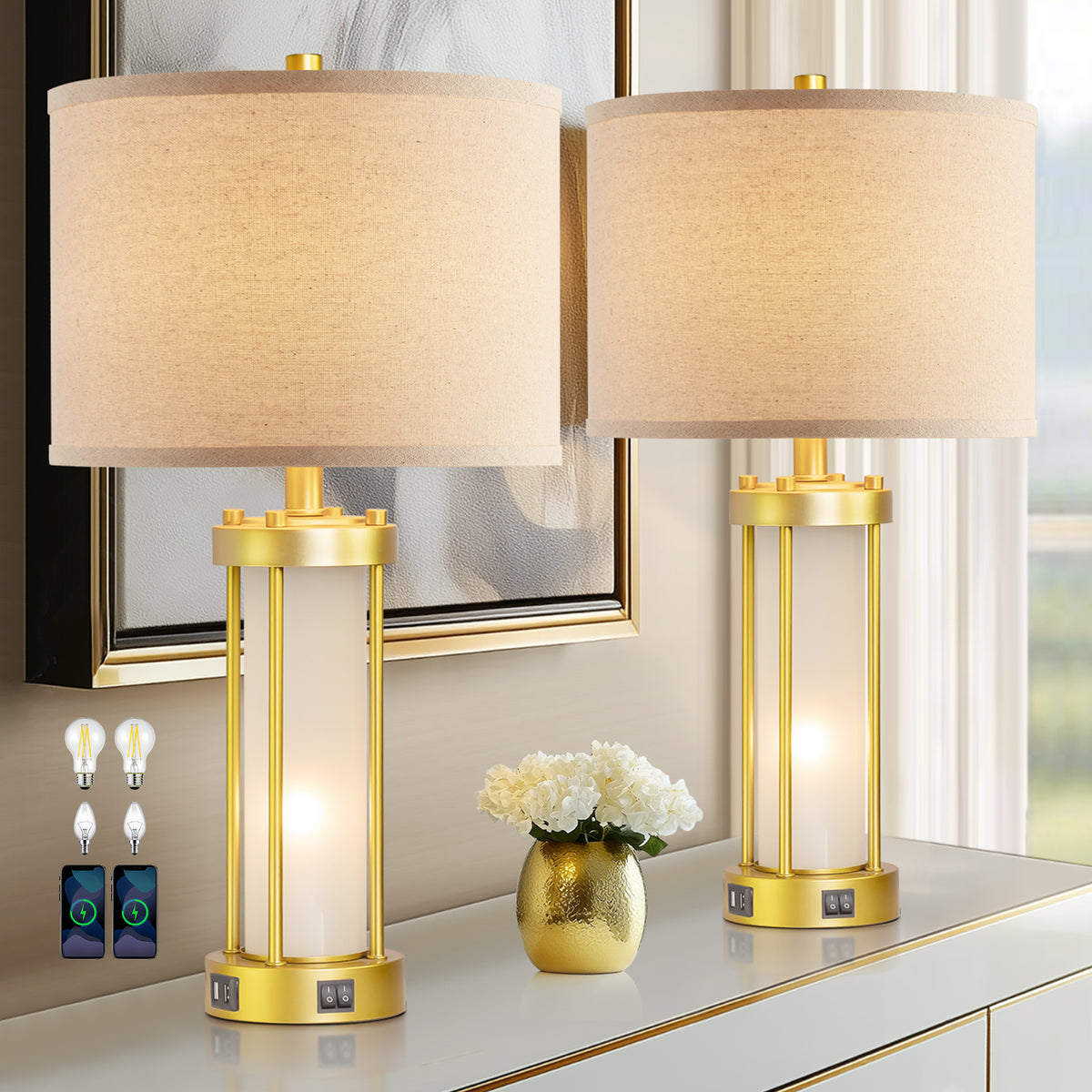 RORIA Set of 2 24" Gold Table Lamps with USB-C+A Ports, Metal & Glass Base with lndependent Night Light, for Bedroom Living Room