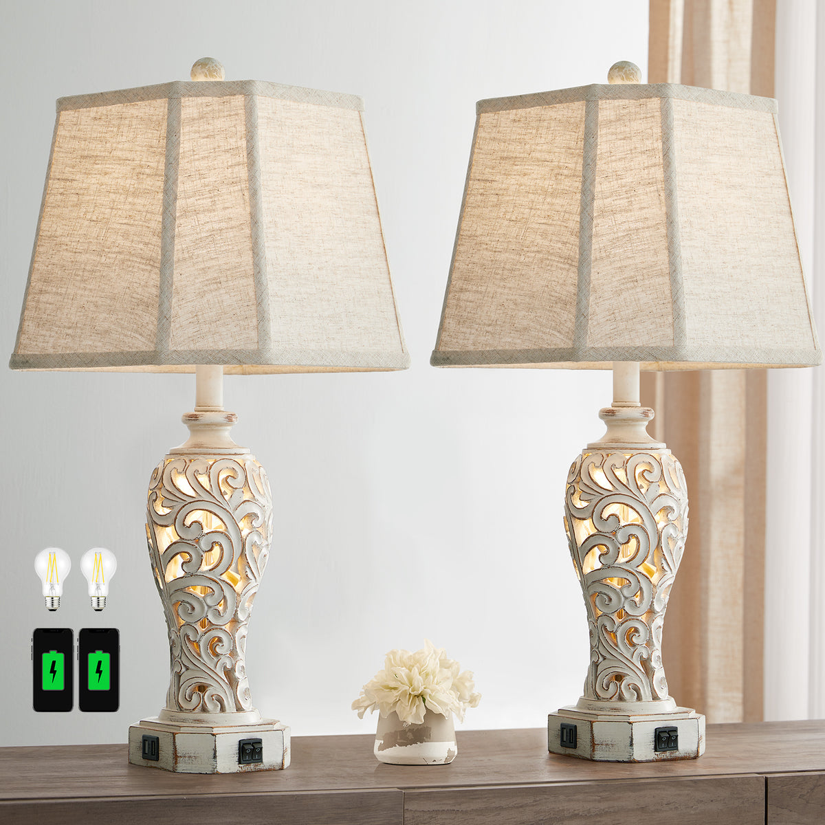 RORIA 25" Living Room Table Lamps Set of 2, Hollow Resin Farmhouse Rustic Bedside Lamp with 2 USB Charging Ports and Night Light, for Bedroom Nightstands
