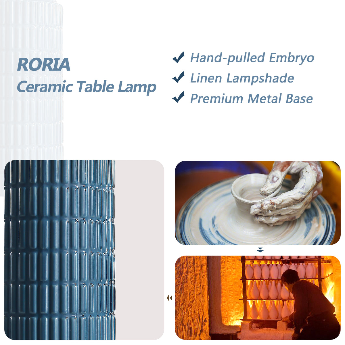 RORIA 23” Blue Ceramic Table Lamps Set of 2 for Bedrooms and Living Room with a Linen Bell-Shaped Shade Modern-Style Bedside Lamp