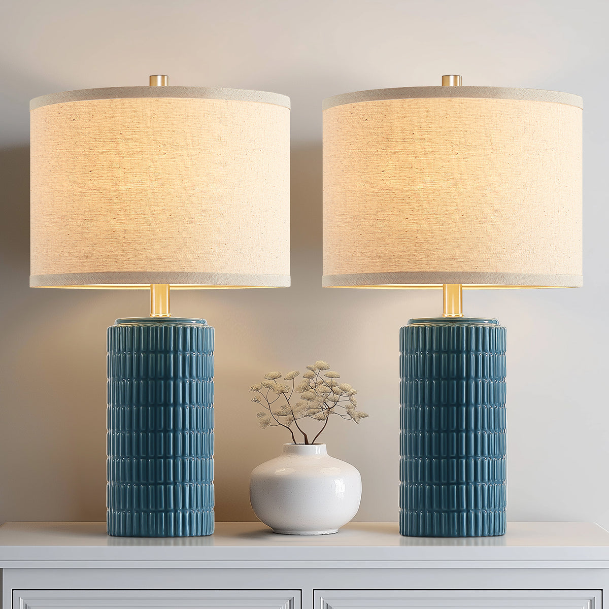 RORIA 23” Blue Ceramic Table Lamps Set of 2 for Bedrooms and Living Room with a Linen Bell-Shaped Shade Modern-Style Bedside Lamp