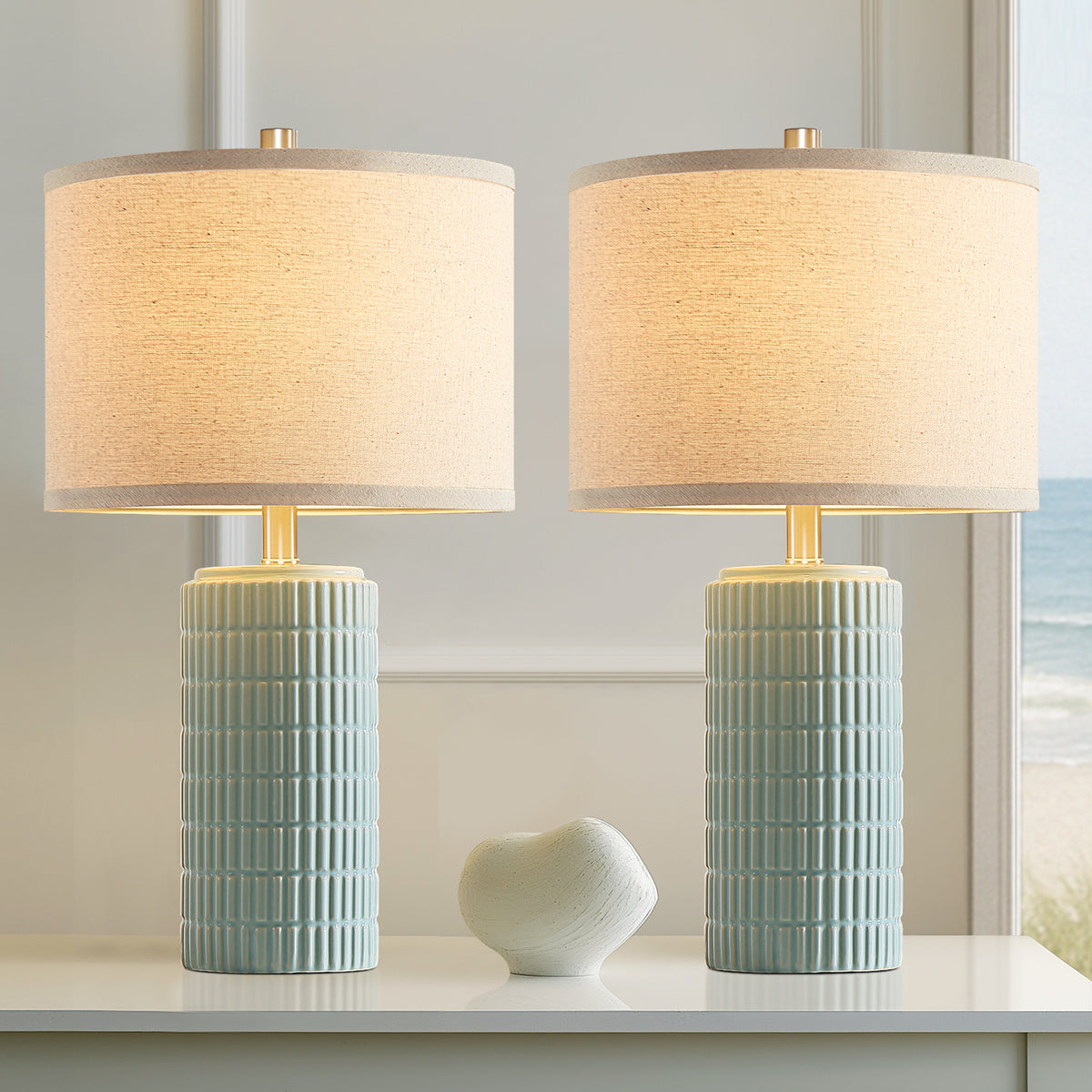 RORIA 23" Light Blue Table Lamps Set of 2, Modern Ceramic Bedside Lamps,with Round Linen Shades, for Bedrooms, Living Room, and Offices.