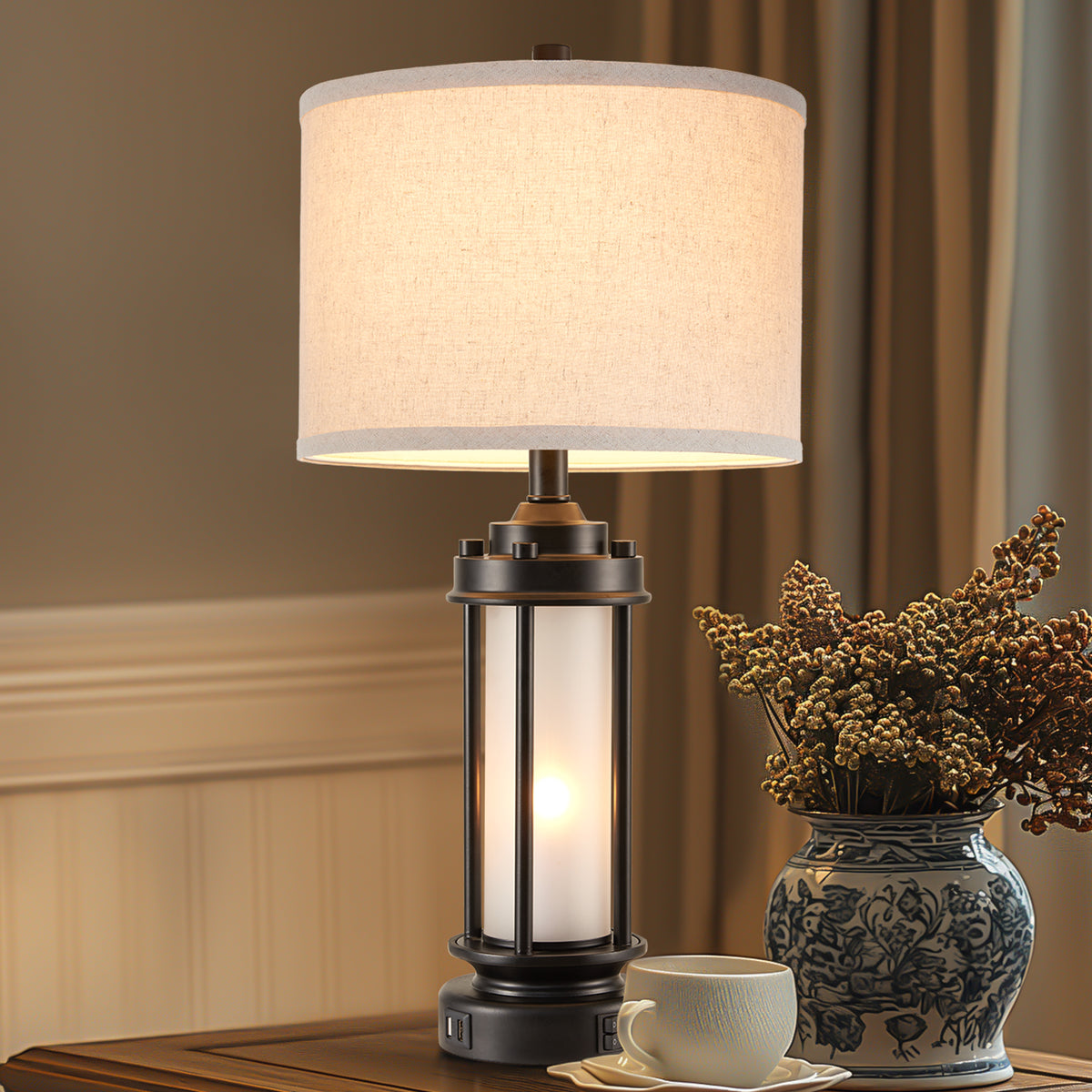 JUJUYUYOP 25" Rustic Living Room Farmhouse Table Lamp Set of 2, Featuring Dual Usb Charging Ports and Night Light Function, Ideal for Living Rooms or Bedside Tables in Bedrooms (Bulb Included)