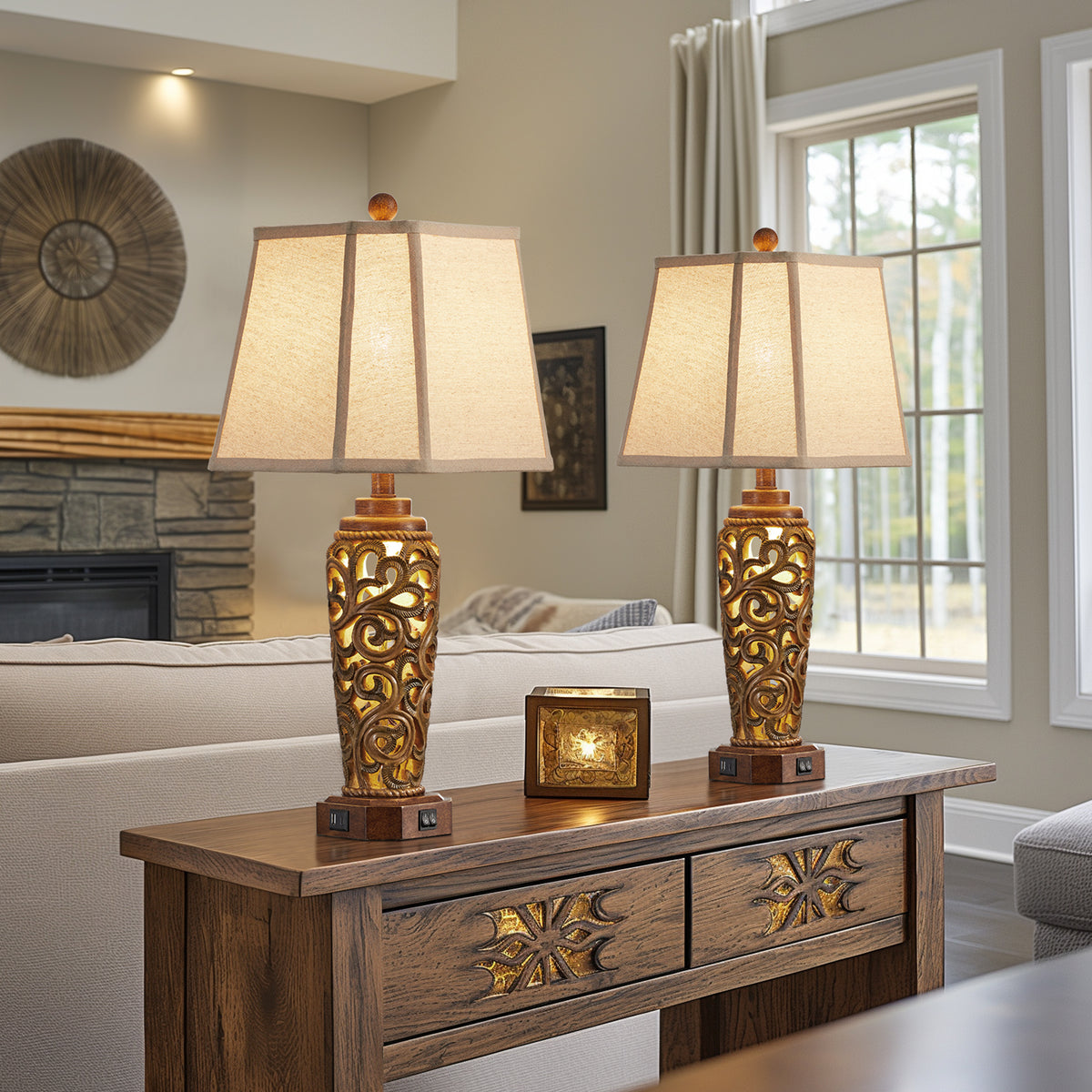 JUJUYUYOP 27" Living Room Farmhouse Table Lamps Set of 2 with Dual USB Ports Red-Brown Resin Vintage Bedside Table Lamp ，Suitable for entryways and offices (bulb included)