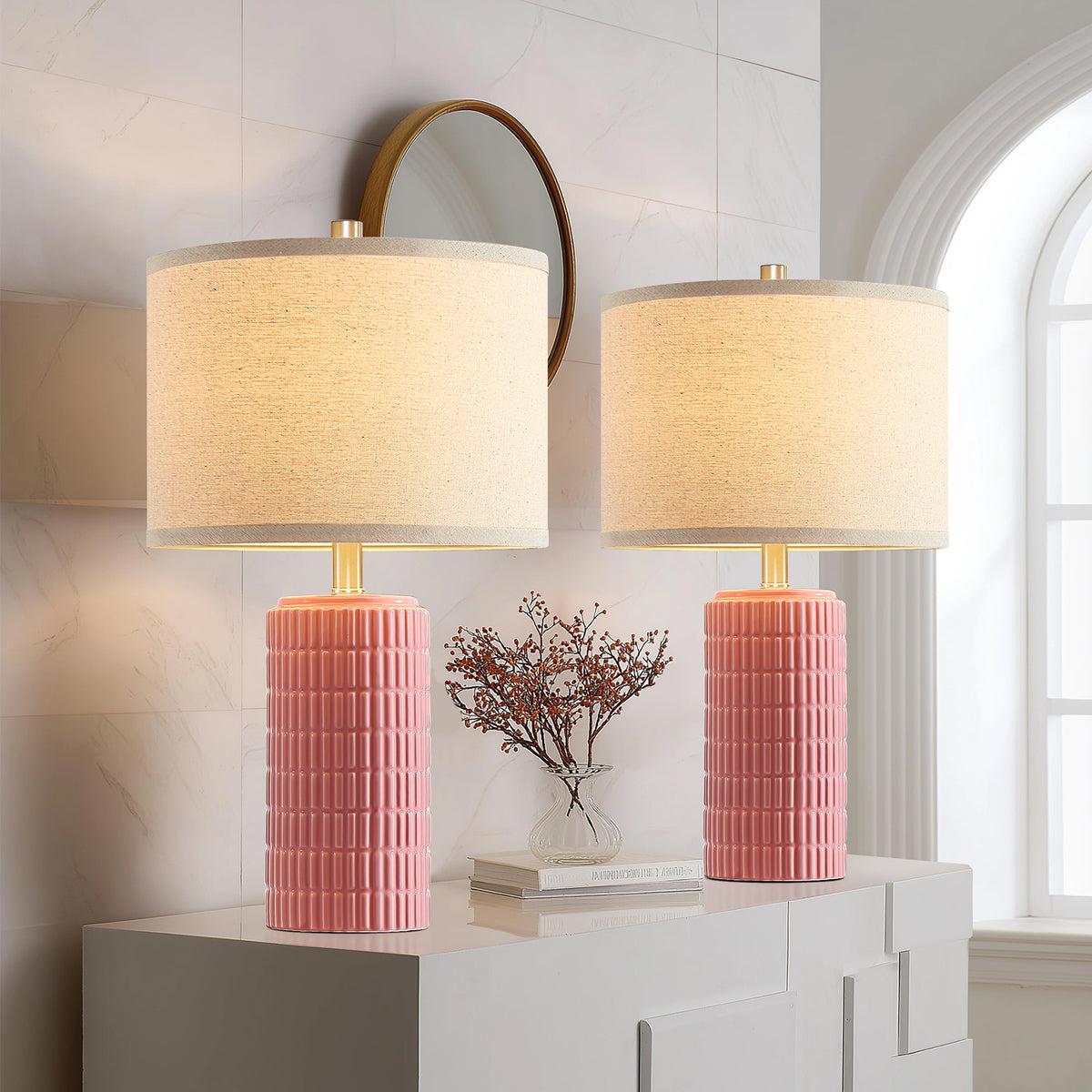 RORIA 23" Pink Ceramic Table Lamps Set of 2, with Linen Bell-Shaped Shade, Modern-Style Bedside Lamp, for Bedrooms and Living Room, Bulb Included