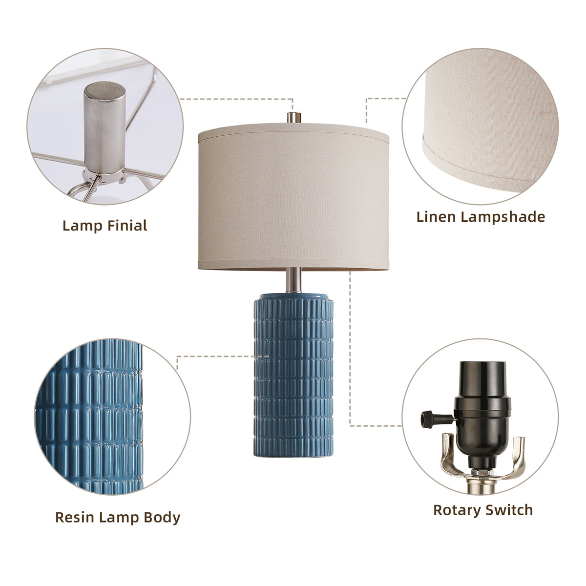 RORIA 23” Blue Ceramic Table Lamps Set of 2 for Bedrooms and Living Room with a Linen Bell-Shaped Shade Modern-Style Bedside Lamp