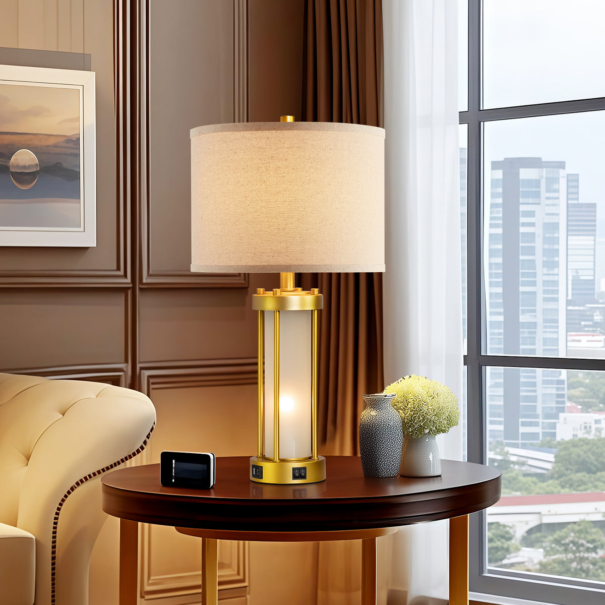 RORIA Set of 2 24" Gold Table Lamps with USB-C+A Ports, Metal & Glass Base with lndependent Night Light, for Bedroom Living Room