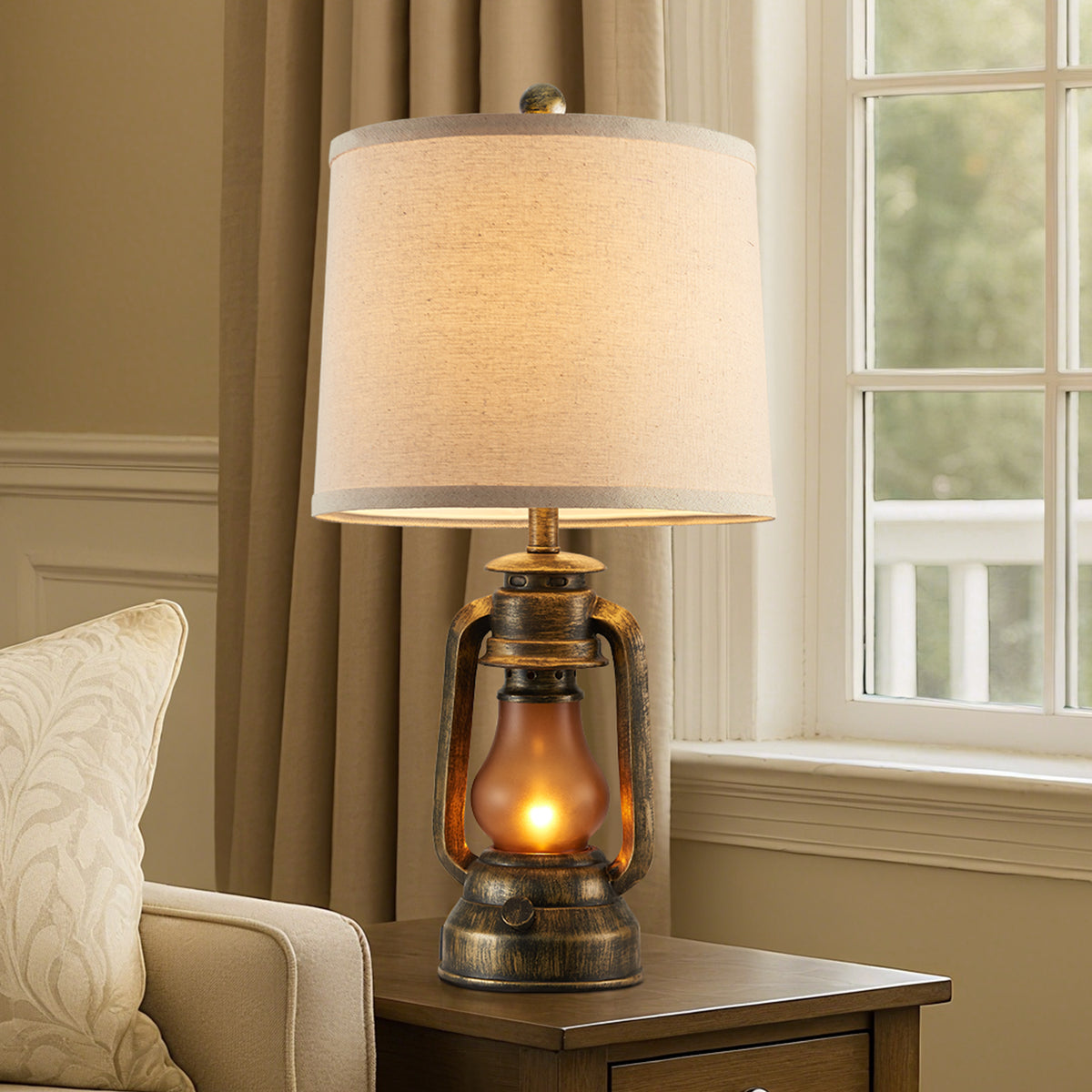 JUJUYUYOP 22" Farmhouse Rustic Lantern Table Lamps Set of 2, Featuring Dual USB Charging Ports, for Living Room, Bedrooms, and Study Areas, Includes 4 Bulbs