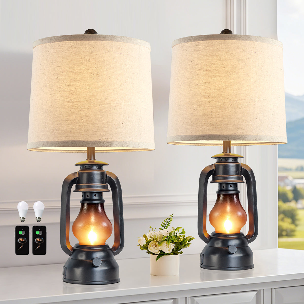 JUJUYUYOP 22" Farmhouse Lantern Table Lamps Set of 2 with Dual USB Charging Ports, for Living Room and Bedrooms, Includes 4 Bulbs