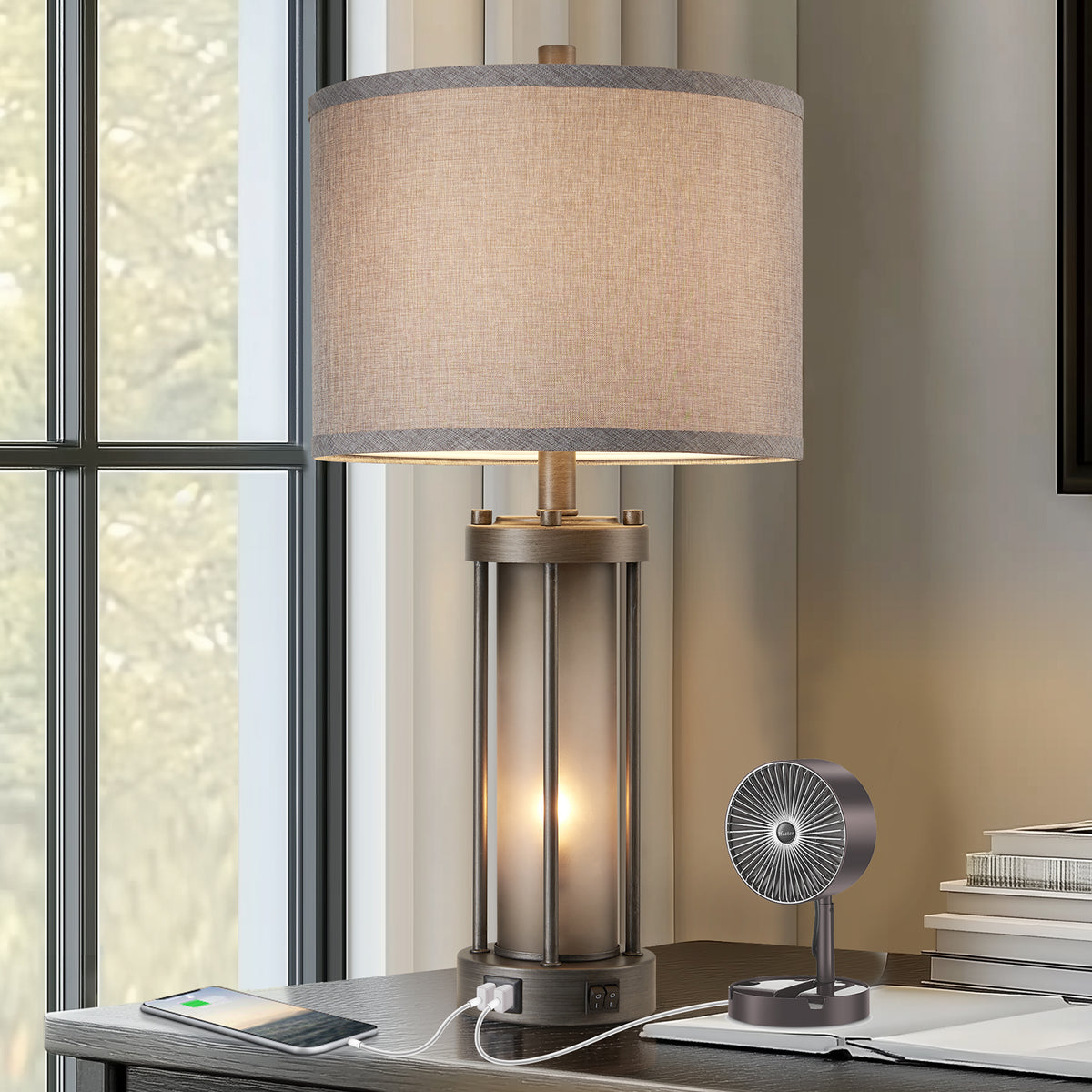 RORIA 25"Retro Table Lamps Set of 2, Farmhouse Style Bedside Lamps, Featuring USB-A&C Charging Ports and a Night Light Function, for Bedrooms, Living Room, and Offices (includes 2 bulbs).