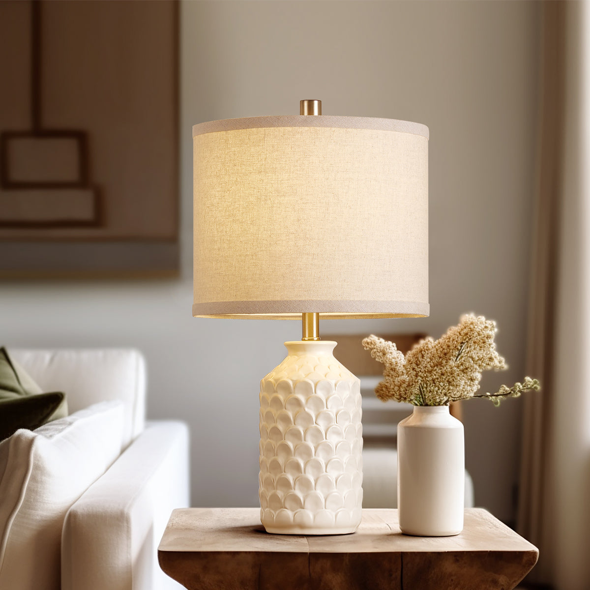 RORIA 21” Ceramic Table Lamps Set of 2,Modern White Bedside Lamps,for the Living Room or Bedroom Nightstands (Bulbs Included)
