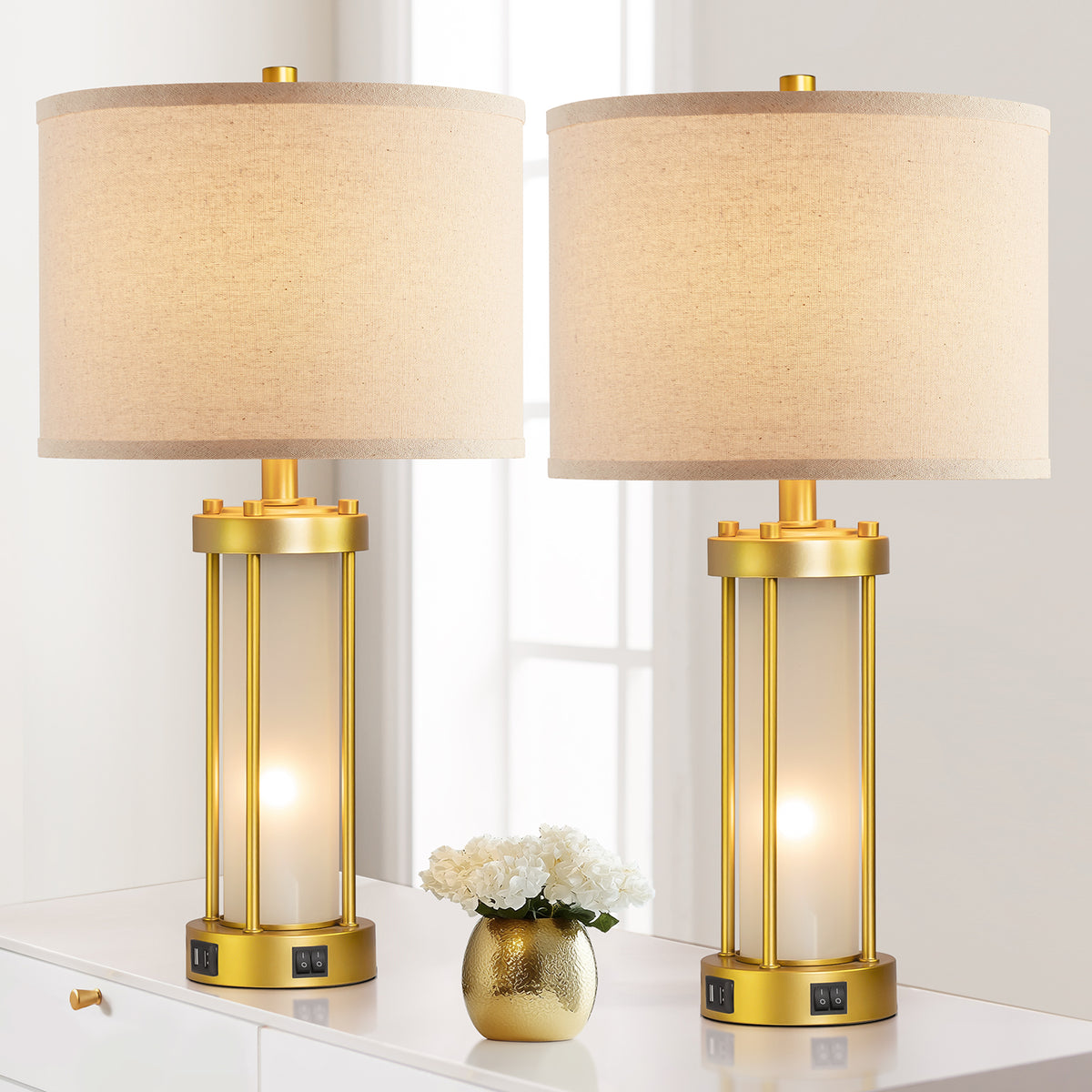 RORIA Set of 2 24" Gold Table Lamps with USB-C+A Ports, Metal & Glass Base with lndependent Night Light, for Bedroom Living Room
