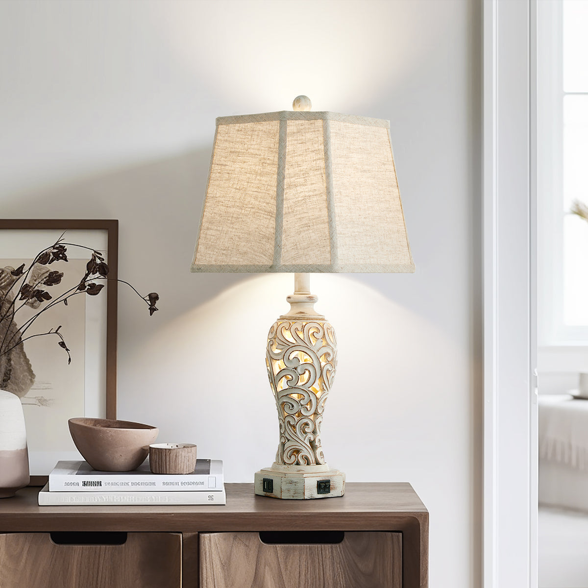 RORIA 25" Living Room Table Lamps Set of 2, Hollow Resin Farmhouse Rustic Bedside Lamp with 2 USB Charging Ports and Night Light, for Bedroom Nightstands