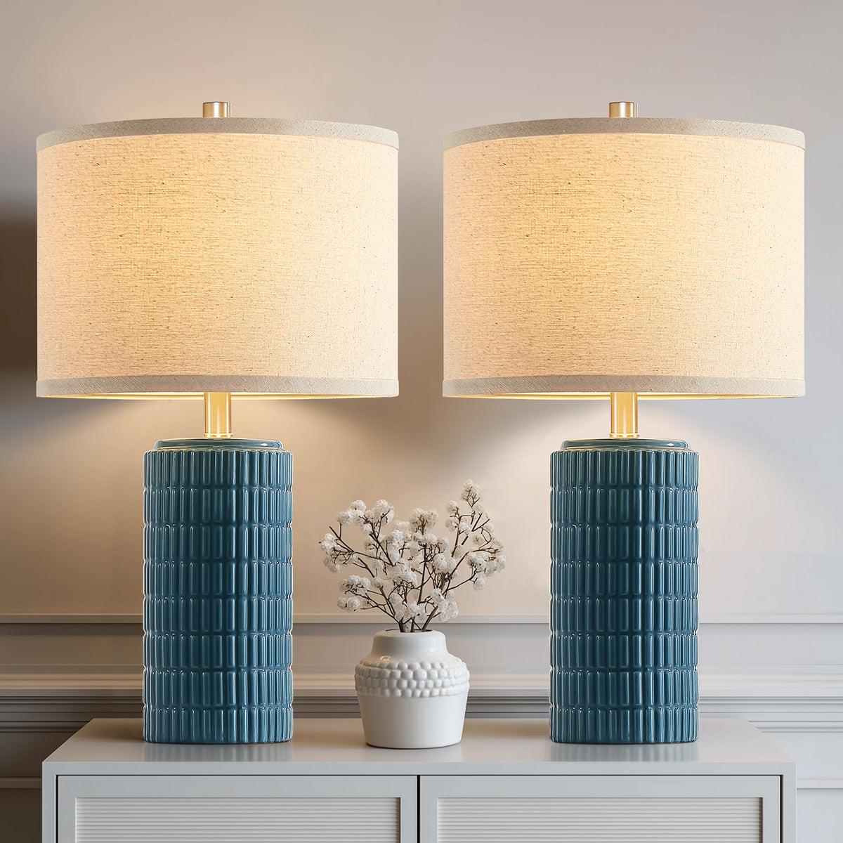 RORIA 23” Blue Ceramic Table Lamps Set of 2 for Bedrooms and Living Room with a Linen Bell-Shaped Shade Modern-Style Bedside Lamp