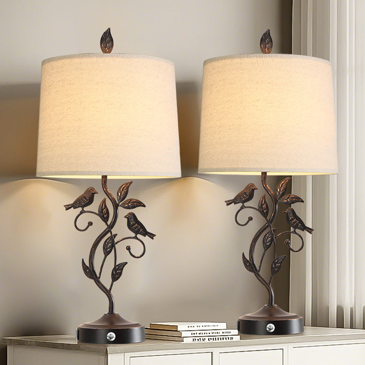 JUJUYUYOP 27"Three-Level Dimmable Touch-Control Table Lamps Set of 2, Features two USB charging ports，Rustic Farmhouse Style， for Living Room and Bedrooms