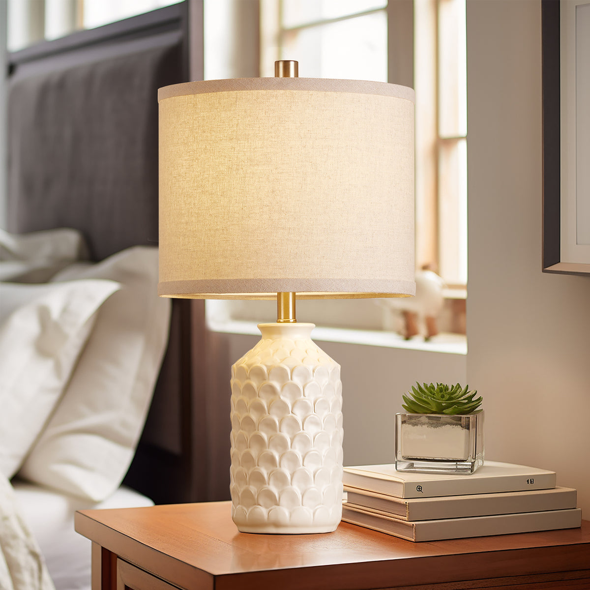 RORIA 21” Ceramic Table Lamps Set of 2,Modern White Bedside Lamps,for the Living Room or Bedroom Nightstands (Bulbs Included)