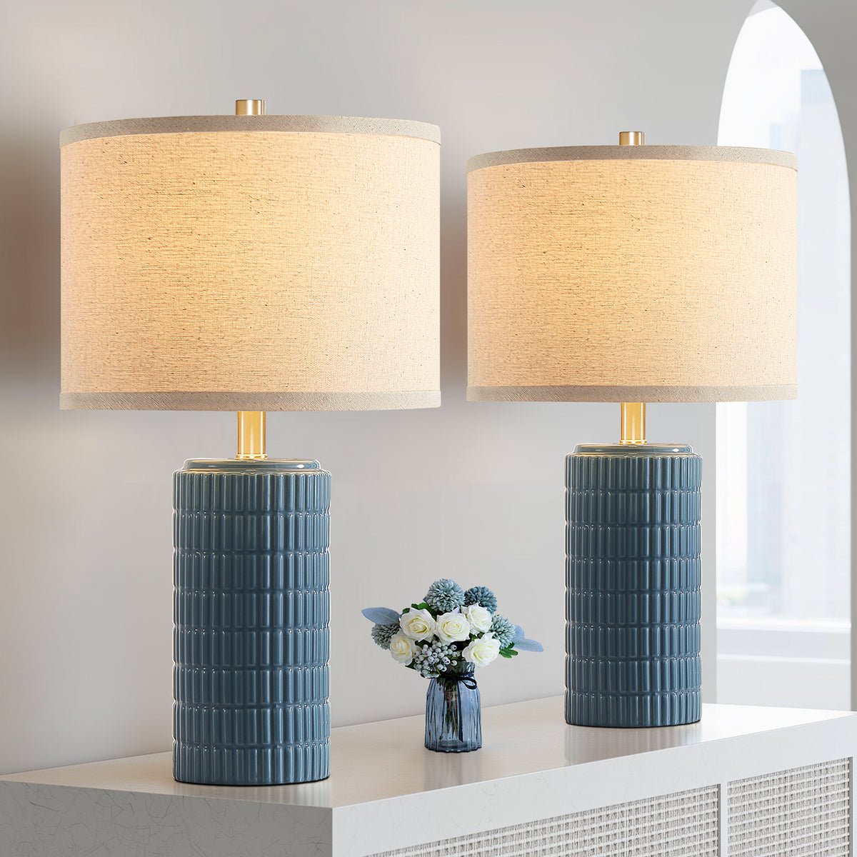 RORIA 23” Blue Ceramic Table Lamps Set of 2 for Bedrooms and Living Room with a Linen Bell-Shaped Shade Modern-Style Bedside Lamp