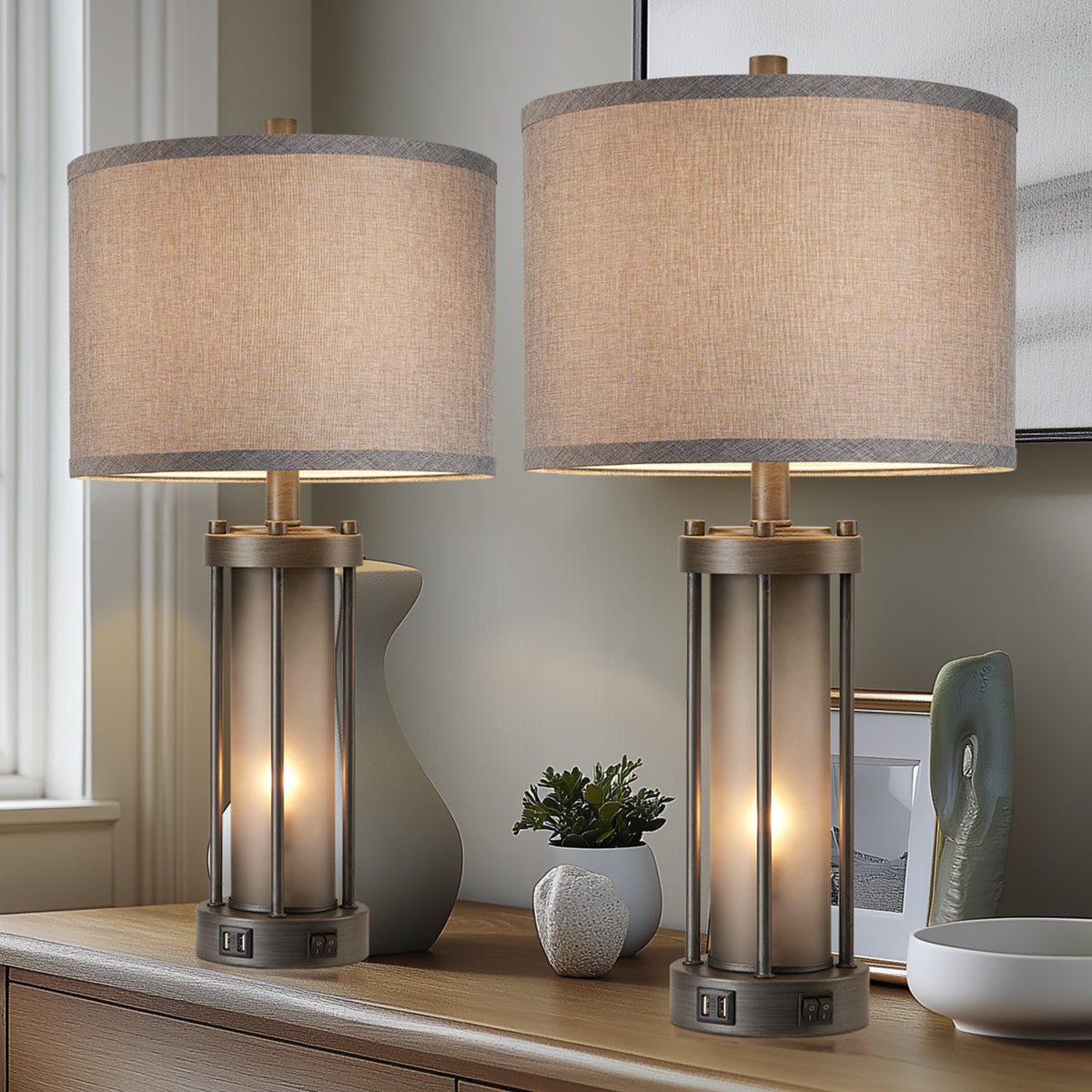 RORIA 25"Retro Table Lamps Set of 2, Farmhouse Style Bedside Lamps, Featuring USB-A&C Charging Ports and a Night Light Function, for Bedrooms, Living Room, and Offices (includes 2 bulbs).