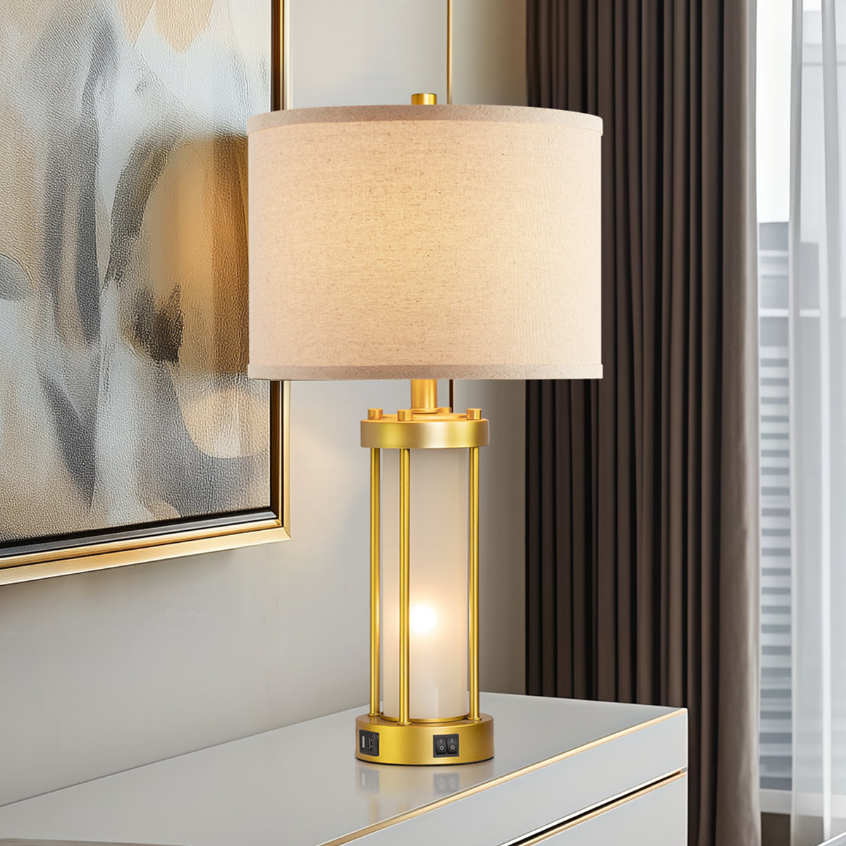 RORIA Set of 2 24" Gold Table Lamps with USB-C+A Ports, Metal & Glass Base with lndependent Night Light, for Bedroom Living Room