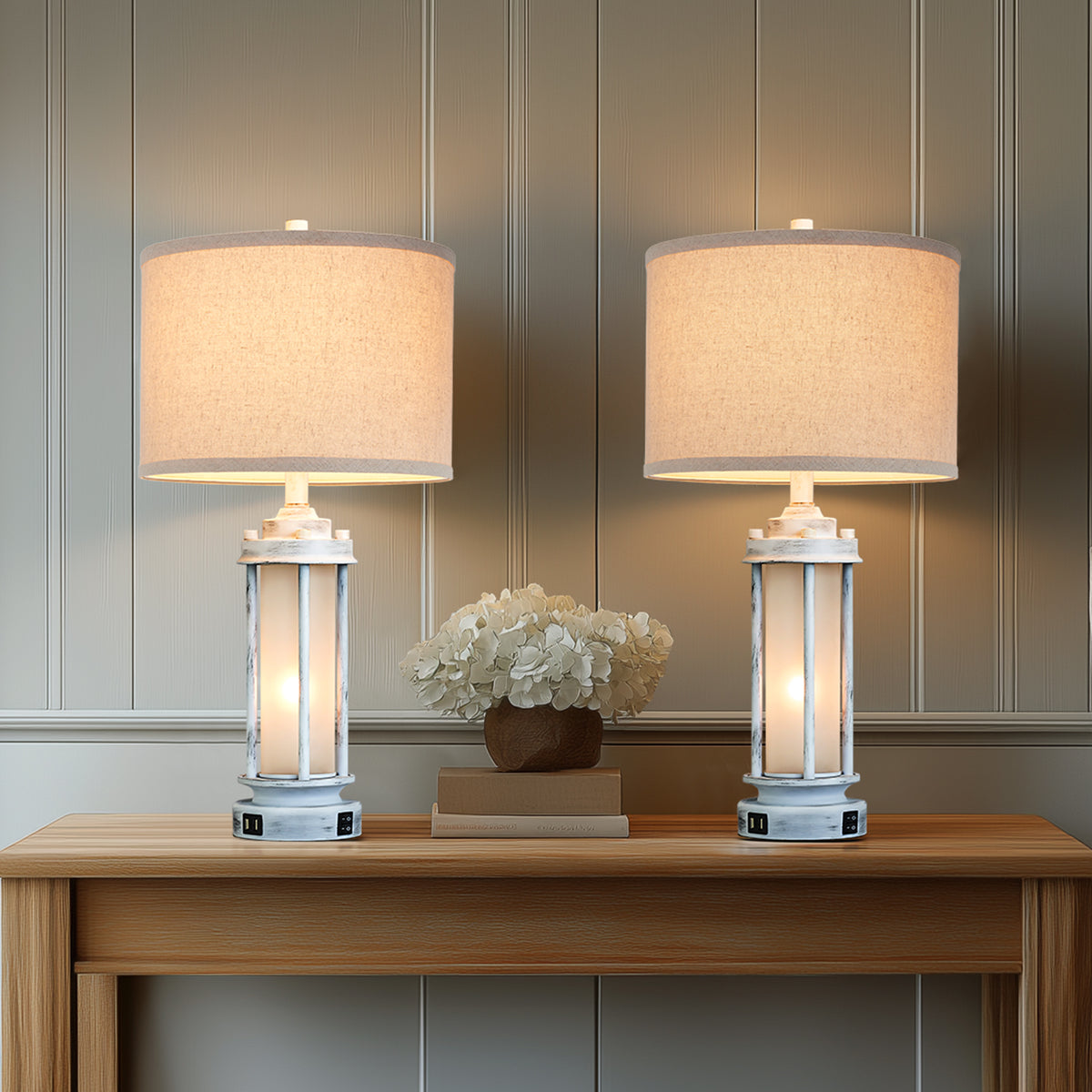 JUJUYUYOP 25"Modern Farmhouse-Style Living Room Table Lamps Set of 2, with Dual USB Charging Ports and Night Light, Ideal for Bedroom Nightstands and Entryways (Bulbs Included)