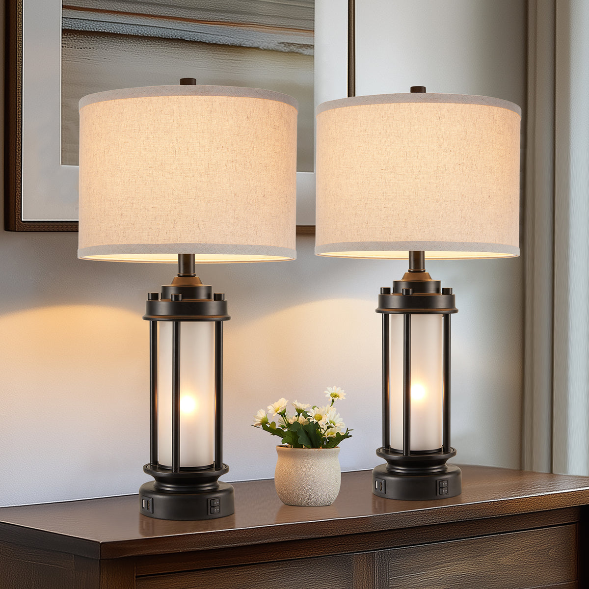 JUJUYUYOP 25" Rustic Living Room Farmhouse Table Lamp Set of 2, Featuring Dual Usb Charging Ports and Night Light Function, Ideal for Living Rooms or Bedside Tables in Bedrooms (Bulb Included)