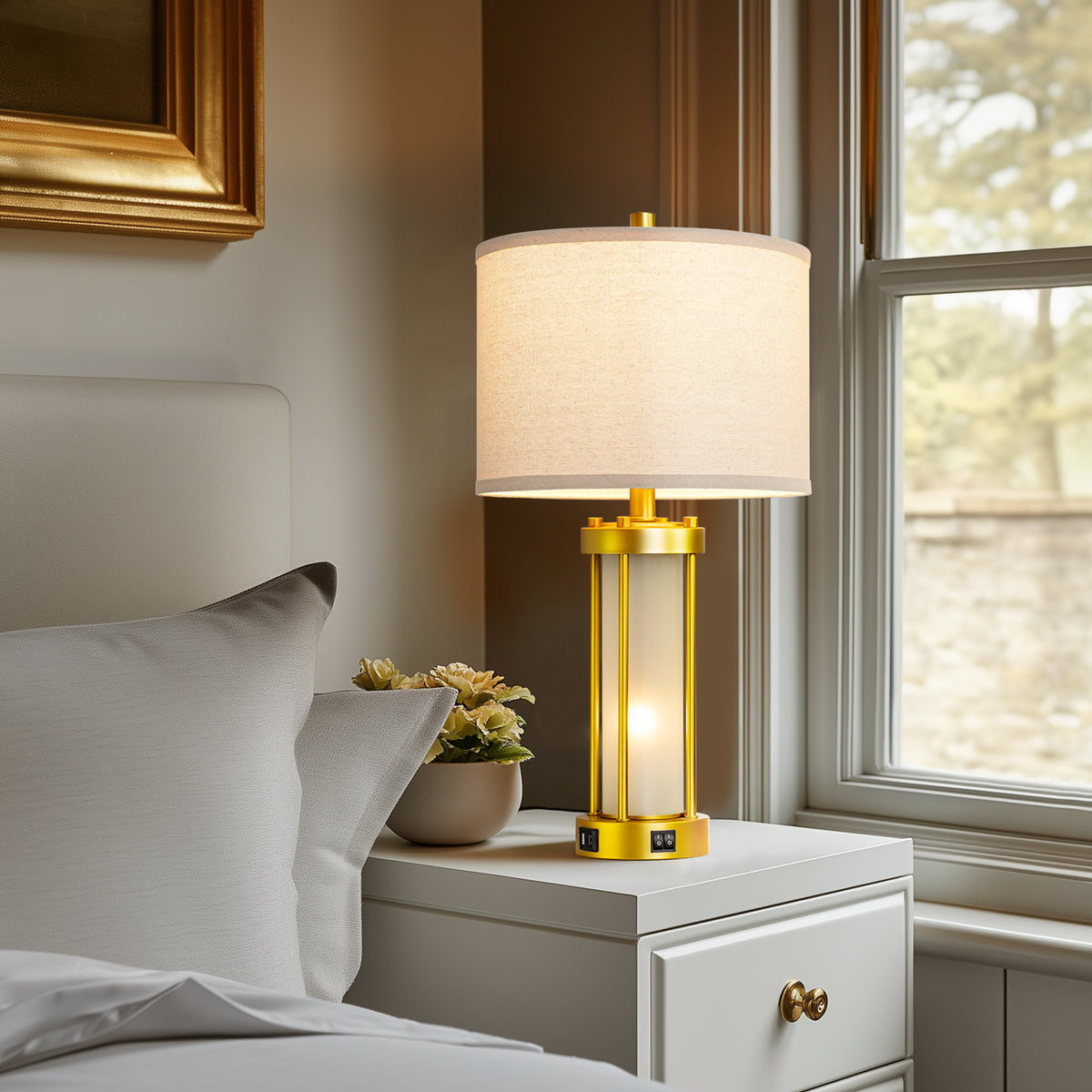 RORIA Set of 2 24" Gold Table Lamps with USB-C+A Ports, Metal & Glass Base with lndependent Night Light, for Bedroom Living Room