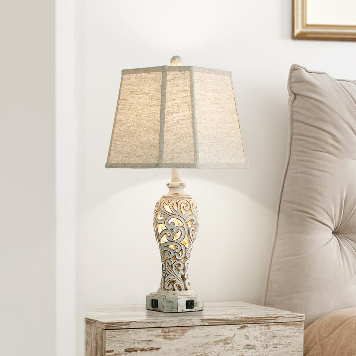 RORIA 25" Living Room Table Lamps Set of 2, Hollow Resin Farmhouse Rustic Bedside Lamp with 2 USB Charging Ports and Night Light, for Bedroom Nightstands