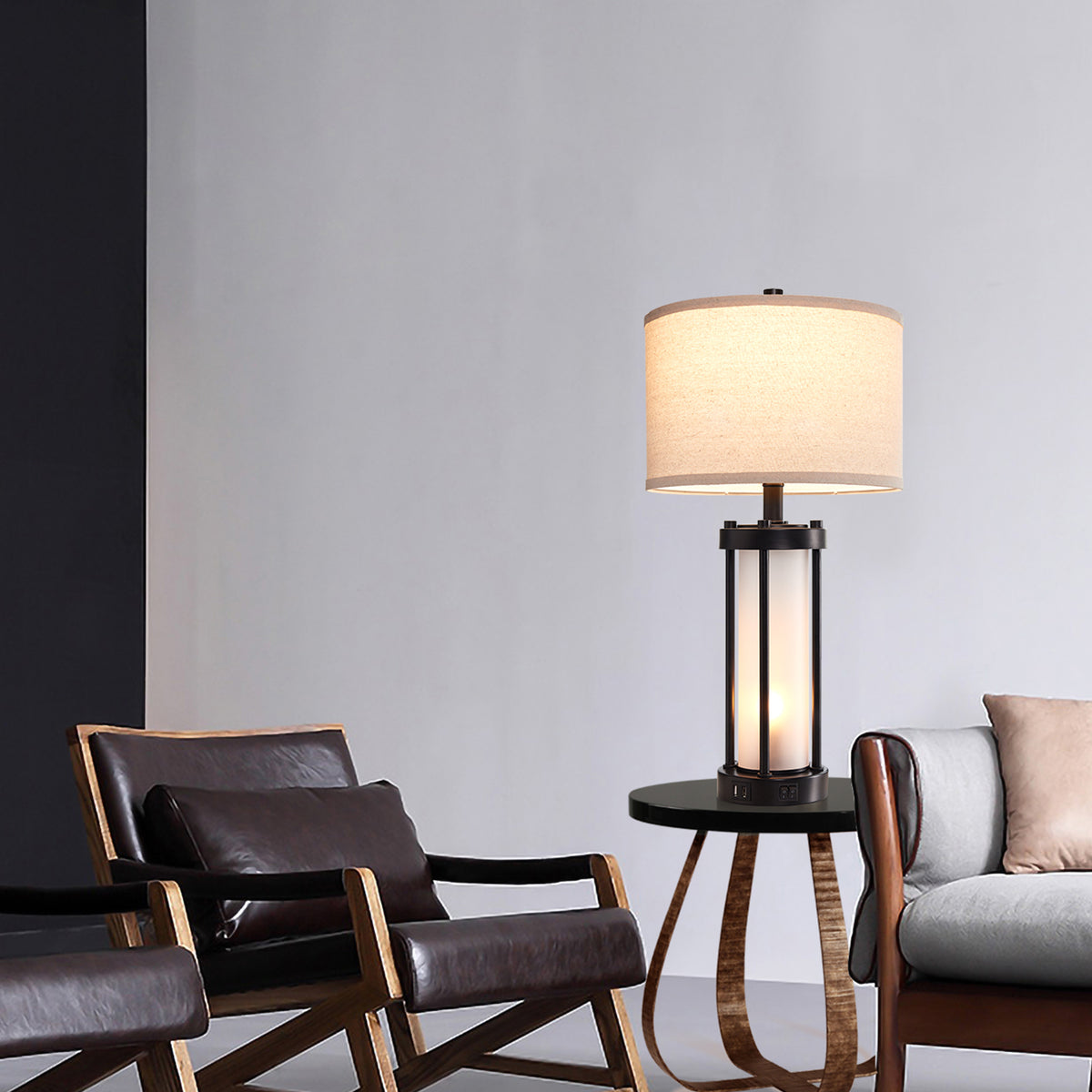 RORIA 24"Modern Living Room Table Lamps Set of 2, with Dual USB-C&A Charging Ports, Built-in Frosted White Glass Night Light, Black Retro Country Farmhouse Style, for Bedroom Bedside Lamps