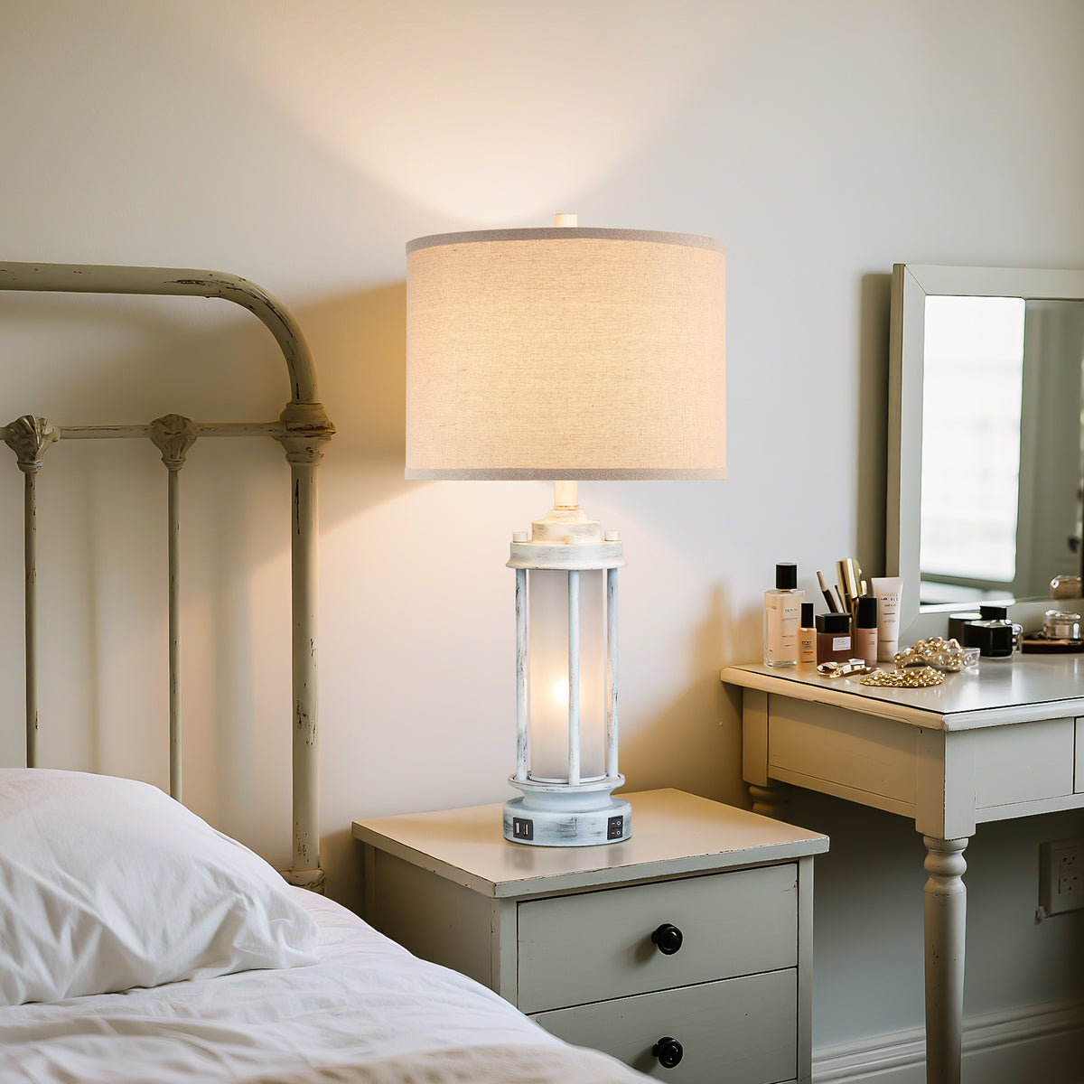 JUJUYUYOP 25"Modern Farmhouse-Style Living Room Table Lamps Set of 2, with Dual USB Charging Ports and Night Light, Ideal for Bedroom Nightstands and Entryways (Bulbs Included)