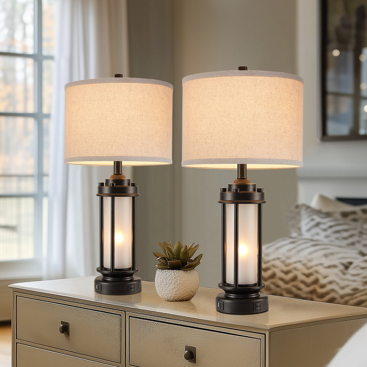 JUJUYUYOP 25" Rustic Living Room Farmhouse Table Lamp Set of 2, Featuring Dual Usb Charging Ports and Night Light Function, Ideal for Living Rooms or Bedside Tables in Bedrooms (Bulb Included)