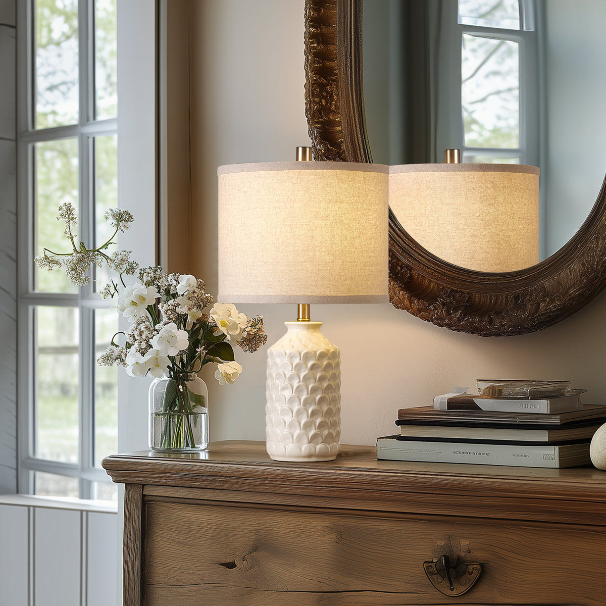 RORIA 21” Ceramic Table Lamps Set of 2,Modern White Bedside Lamps,for the Living Room or Bedroom Nightstands (Bulbs Included)