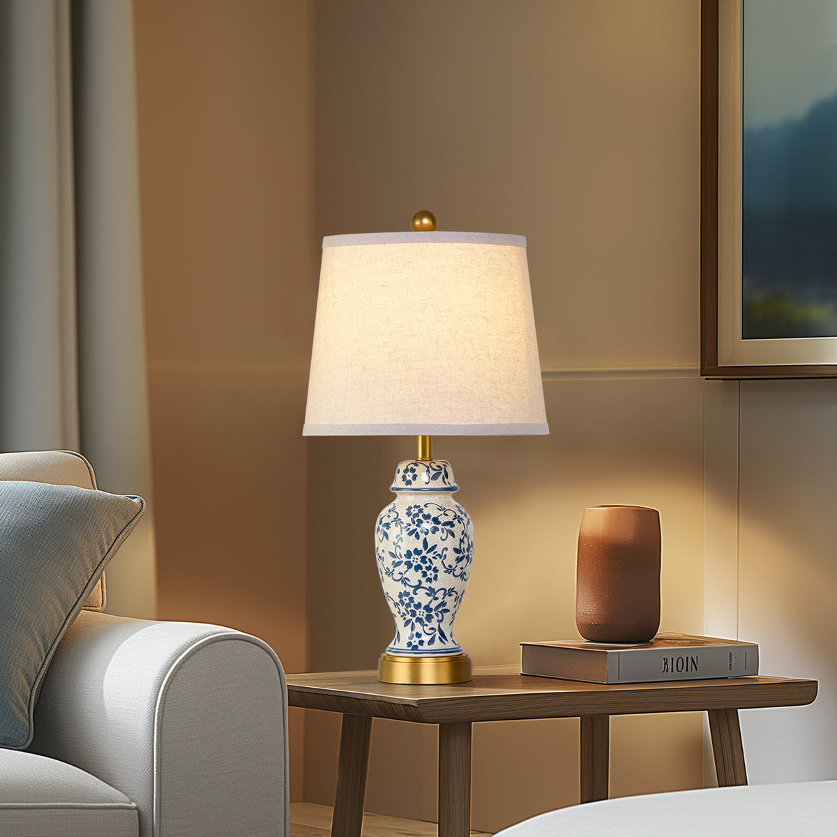 RORIA 22" Classic Blue and White Porcelain Table Lamps Set of 2, Rustic Farmhouse-Style Bedside Lamp, for Living Room or Bedroom Nightstand