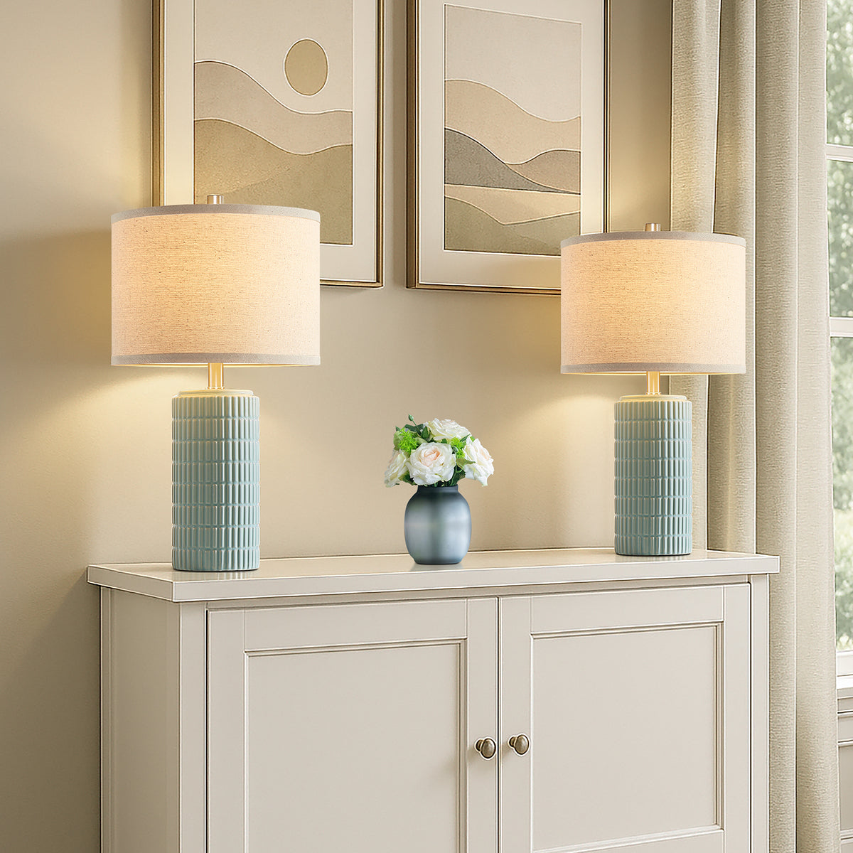 RORIA 23" Light Blue Table Lamps Set of 2, Modern Ceramic Bedside Lamps,with Round Linen Shades, for Bedrooms, Living Room, and Offices.