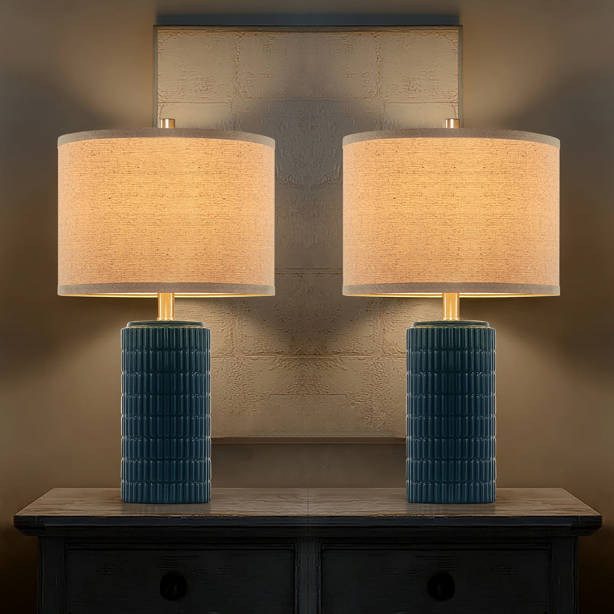 RORIA 23” Blue Ceramic Table Lamps Set of 2 for Bedrooms and Living Room with a Linen Bell-Shaped Shade Modern-Style Bedside Lamp