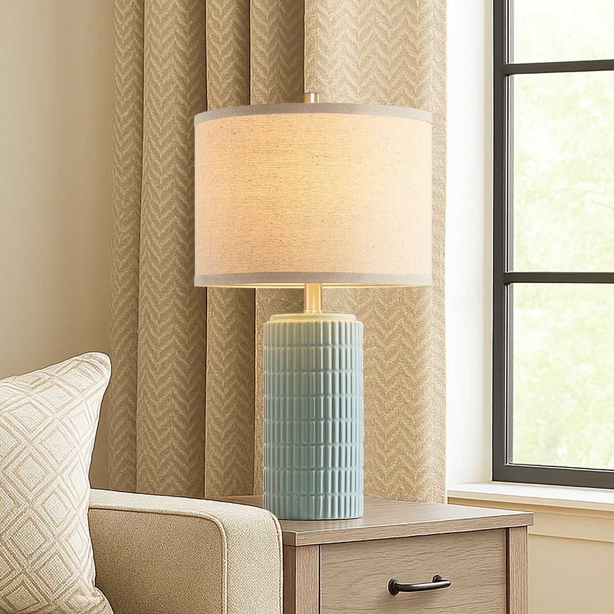 RORIA 23" Light Blue Table Lamps Set of 2, Modern Ceramic Bedside Lamps,with Round Linen Shades, for Bedrooms, Living Room, and Offices.
