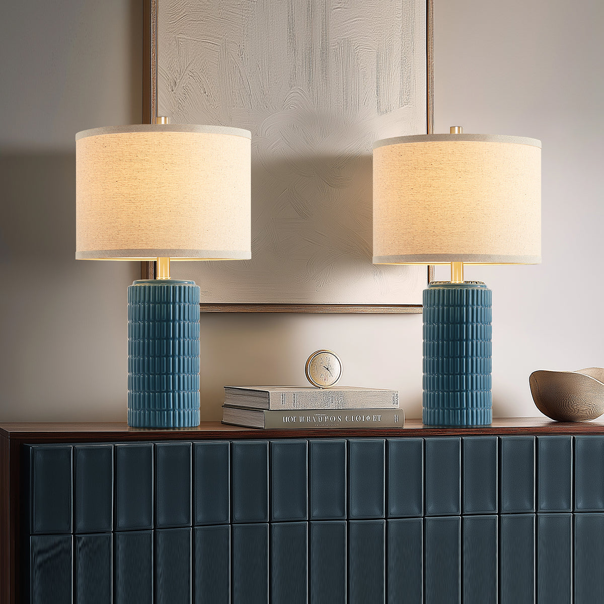 RORIA 23” Blue Ceramic Table Lamps Set of 2 for Bedrooms and Living Room with a Linen Bell-Shaped Shade Modern-Style Bedside Lamp