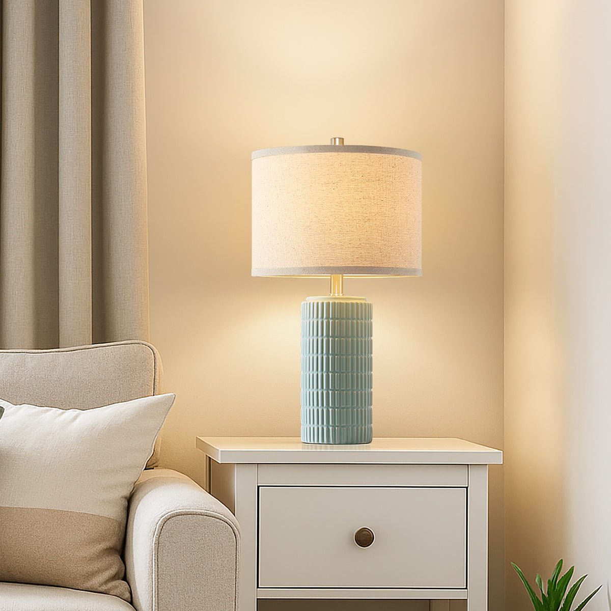 RORIA 23" Light Blue Table Lamps Set of 2, Modern Ceramic Bedside Lamps,with Round Linen Shades, for Bedrooms, Living Room, and Offices.