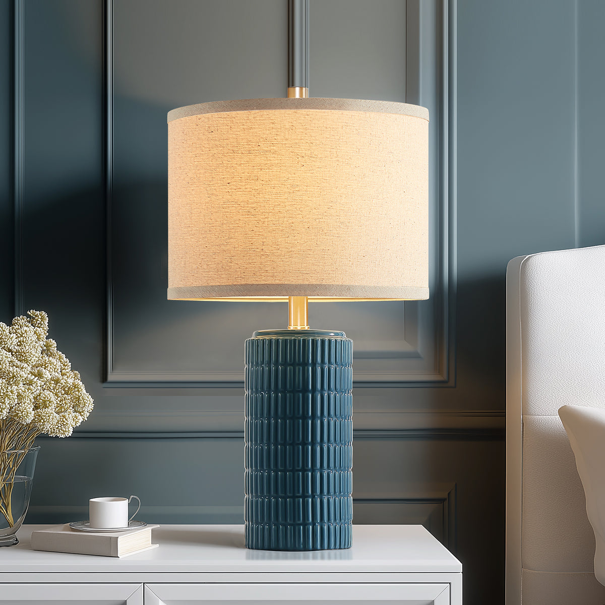 RORIA 23” Blue Ceramic Table Lamps Set of 2 for Bedrooms and Living Room with a Linen Bell-Shaped Shade Modern-Style Bedside Lamp