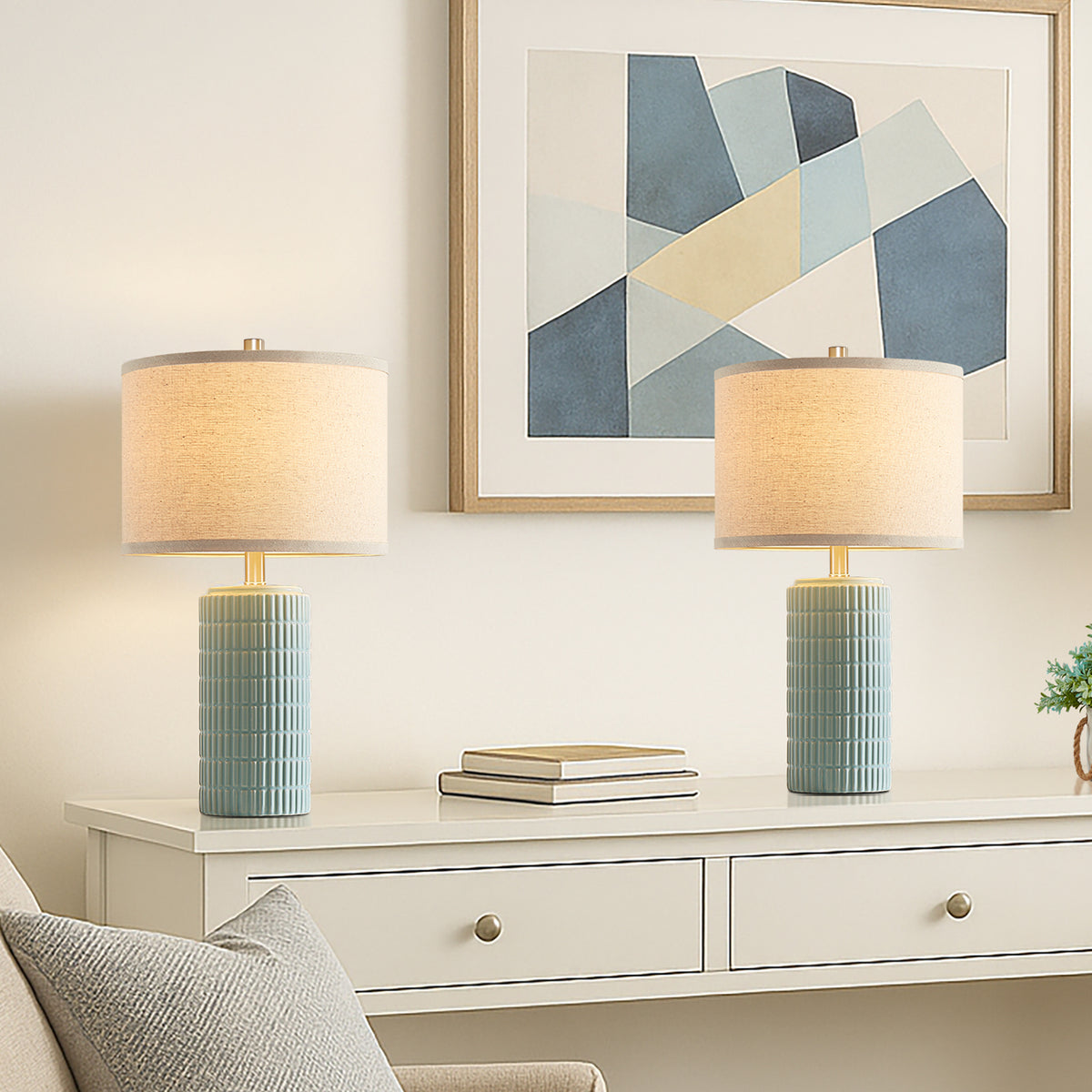 RORIA 23" Light Blue Table Lamps Set of 2, Modern Ceramic Bedside Lamps,with Round Linen Shades, for Bedrooms, Living Room, and Offices.