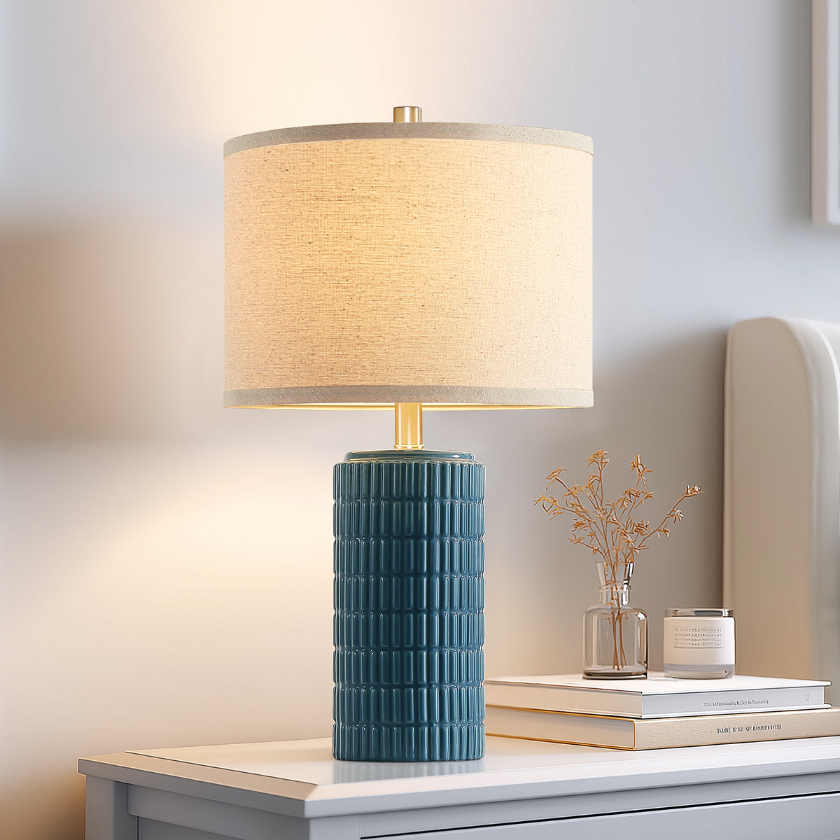 RORIA 23” Blue Ceramic Table Lamps Set of 2 for Bedrooms and Living Room with a Linen Bell-Shaped Shade Modern-Style Bedside Lamp