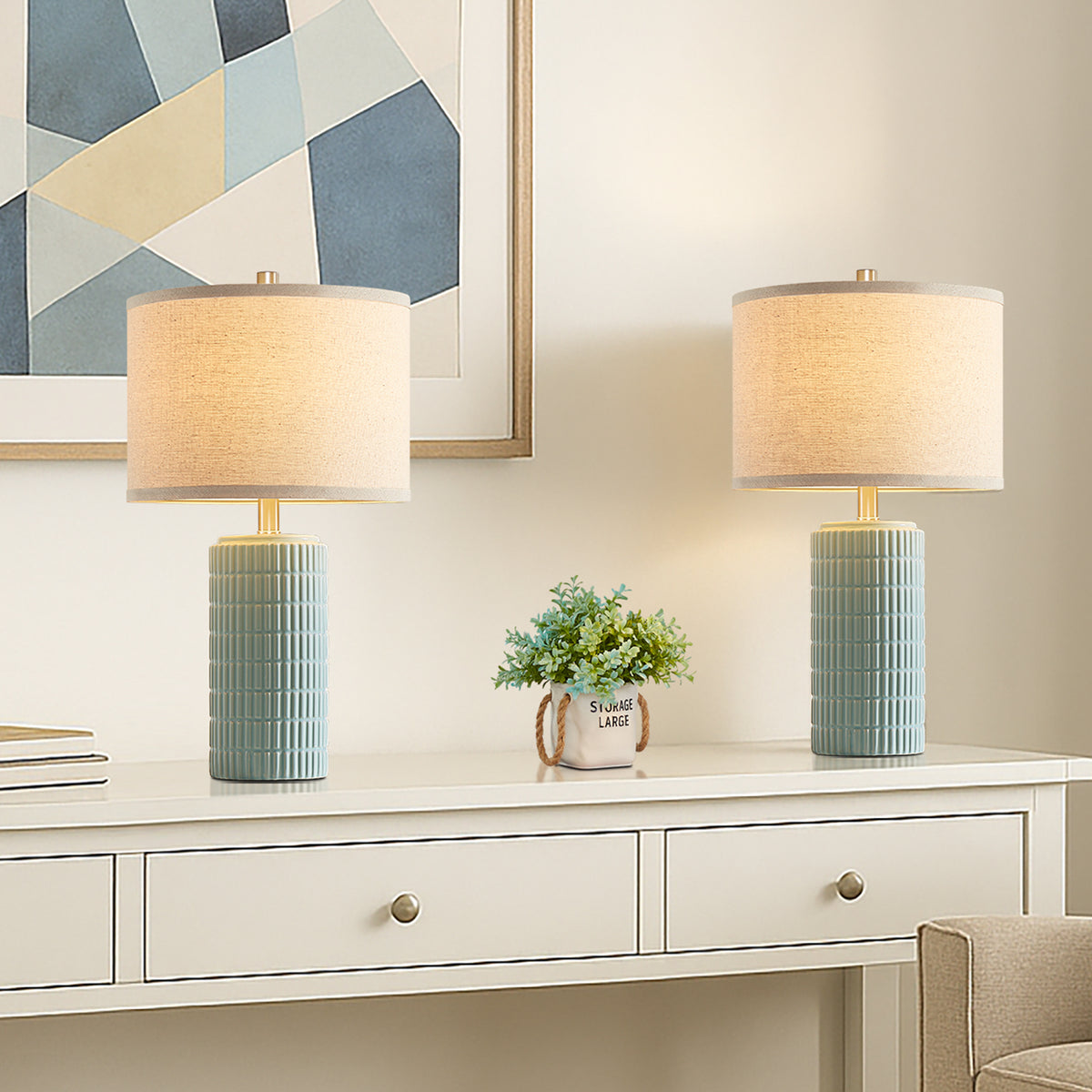 RORIA 23" Light Blue Table Lamps Set of 2, Modern Ceramic Bedside Lamps,with Round Linen Shades, for Bedrooms, Living Room, and Offices.