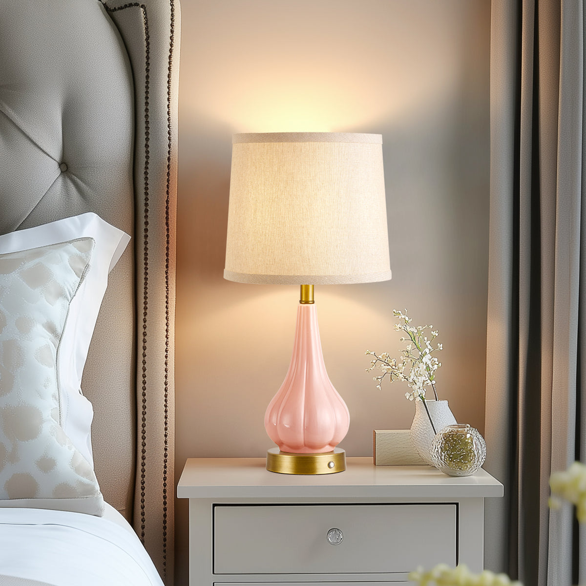 RORIA 18"Pink Ceramic Table Lamps Set of 2, Powered By a 5000mAh Rechargeable Battery, With Touch Controlled Dimming, Suitable for Living Rooms, Bedrooms, and Nightstands