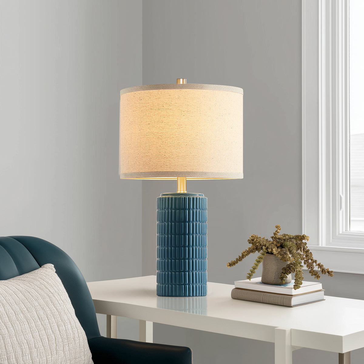 RORIA 23” Blue Ceramic Table Lamps Set of 2 for Bedrooms and Living Room with a Linen Bell-Shaped Shade Modern-Style Bedside Lamp