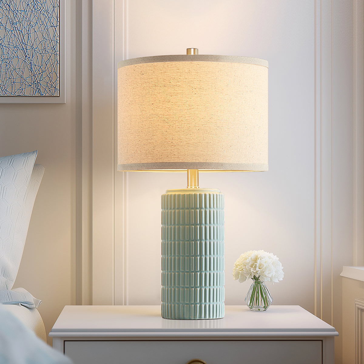 RORIA 23" Light Blue Table Lamps Set of 2, Modern Ceramic Bedside Lamps,with Round Linen Shades, for Bedrooms, Living Room, and Offices.