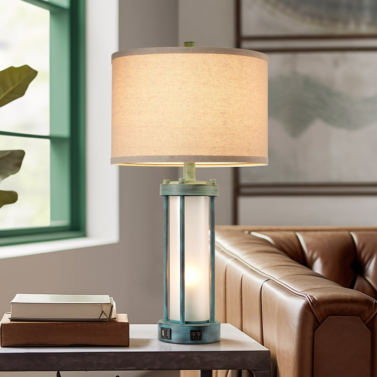 RORIA 24" Country-Style Table Lamps Set of 2, Featuring USB-C&A Ports, Metal Frame, and Glass Base, with Separate Night Light Function, for Bedrooms, Living room, and Offices.