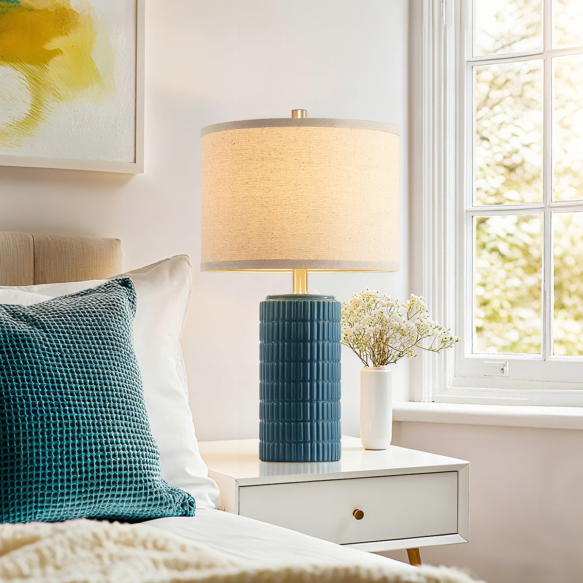 RORIA 23” Blue Ceramic Table Lamps Set of 2 for Bedrooms and Living Room with a Linen Bell-Shaped Shade Modern-Style Bedside Lamp