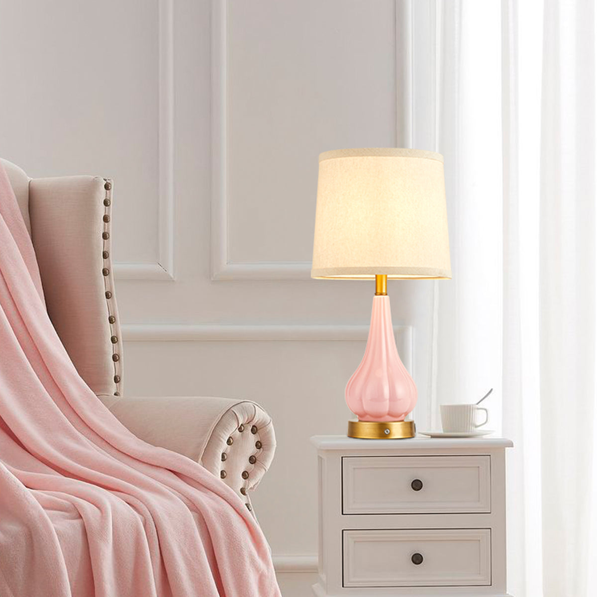 RORIA 18"Pink Ceramic Table Lamps Set of 2, Powered By a 5000mAh Rechargeable Battery, With Touch Controlled Dimming, Suitable for Living Rooms, Bedrooms, and Nightstands