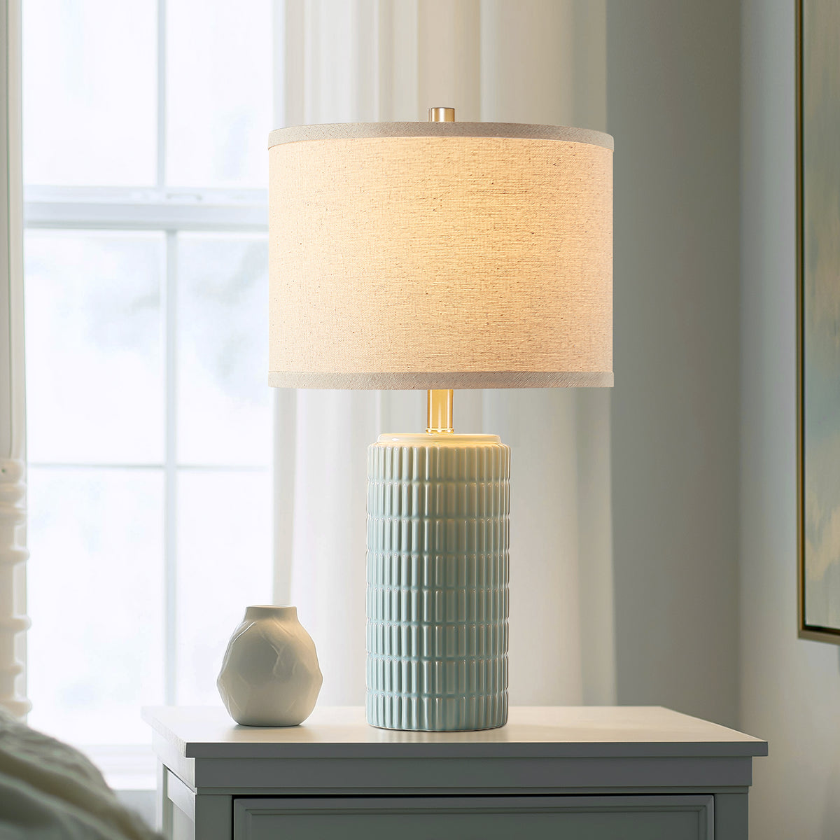 RORIA 23" Light Blue Table Lamps Set of 2, Modern Ceramic Bedside Lamps,with Round Linen Shades, for Bedrooms, Living Room, and Offices.